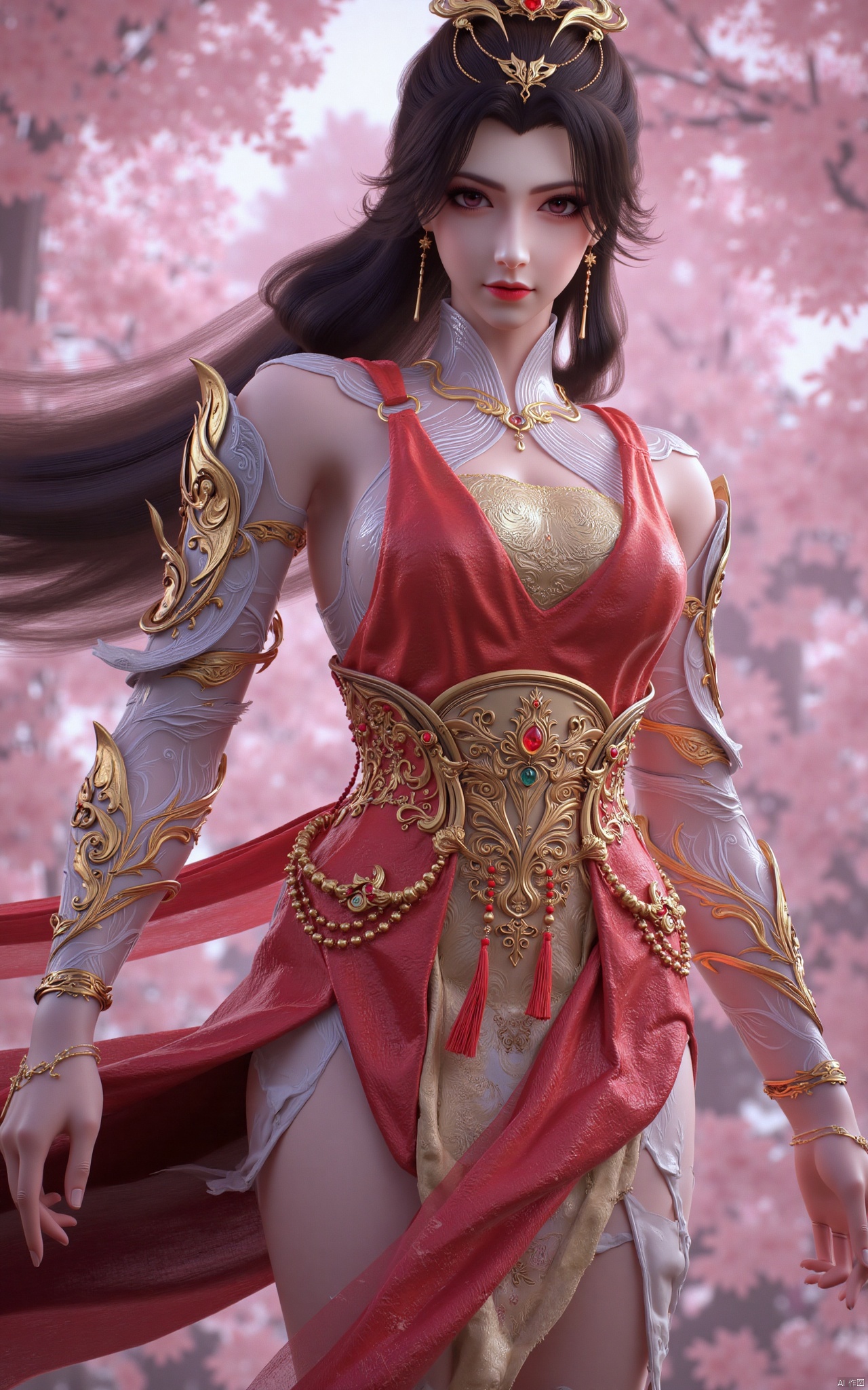  masterpiece,1girl,long hair,(flower:1.5),full_body,hair ornament,chinese clothes,(red dress:1.39),black eyes,long sleeves,holding,holding flower,,hanfu dress,,looking at viewer,(huge breasts:1.99),Xzhaoliner