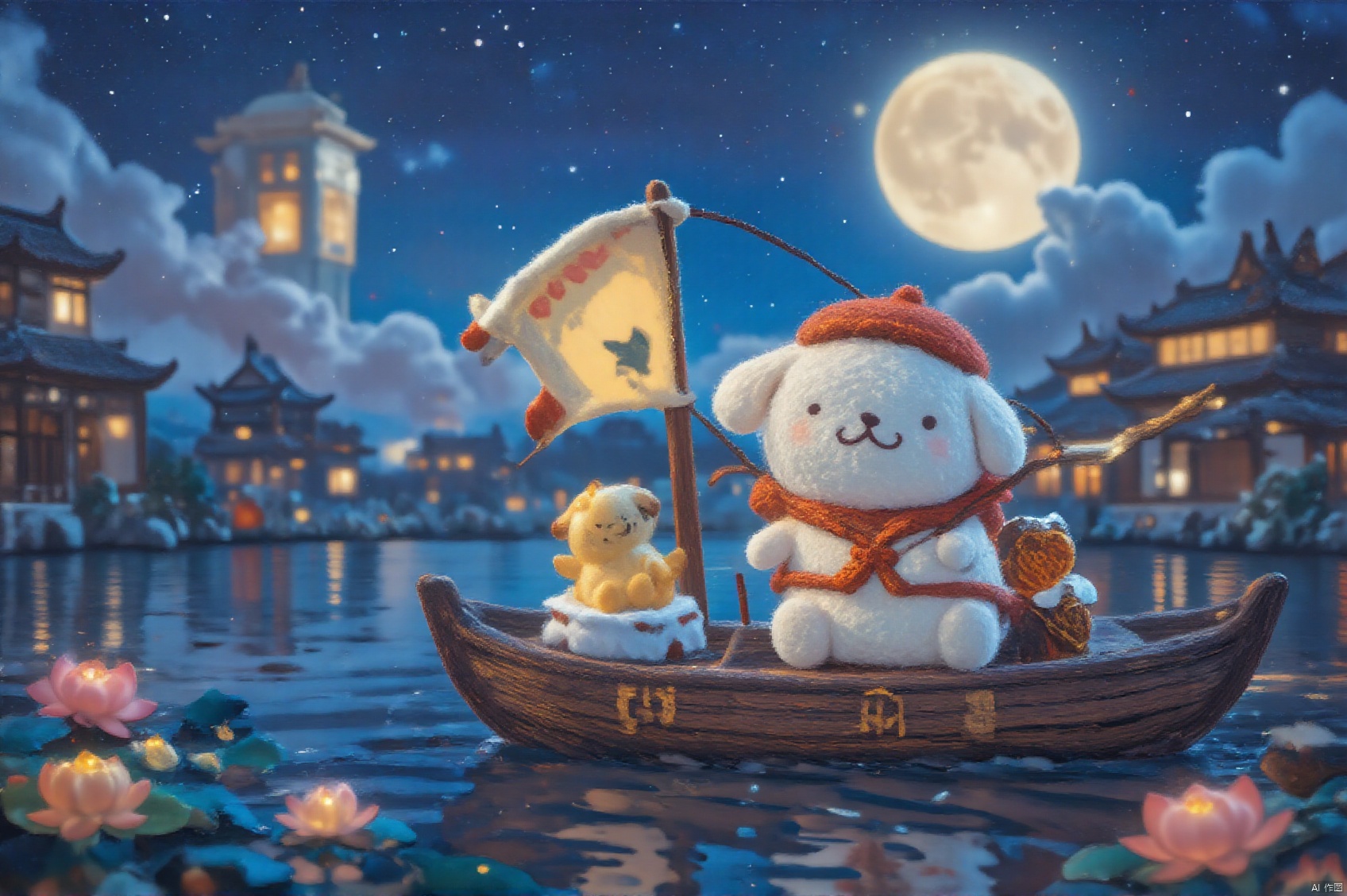 Felt style,a cute cartoon purin in a chinese wooden boat on the lake, with a giant glowing moon on the boat. Lotus flowers and golden Osmanthus flowers around the lake,chinese buildings and clouds in the background.Playful character design, 3D Cartoon style, miniature scene ,8k, CG,best quality,HDR,UHD,camera uses 35mm f/2.0 wide-angle lens, uses 35mm f/2.0 wide-angle lens,oil painting,OByouhua