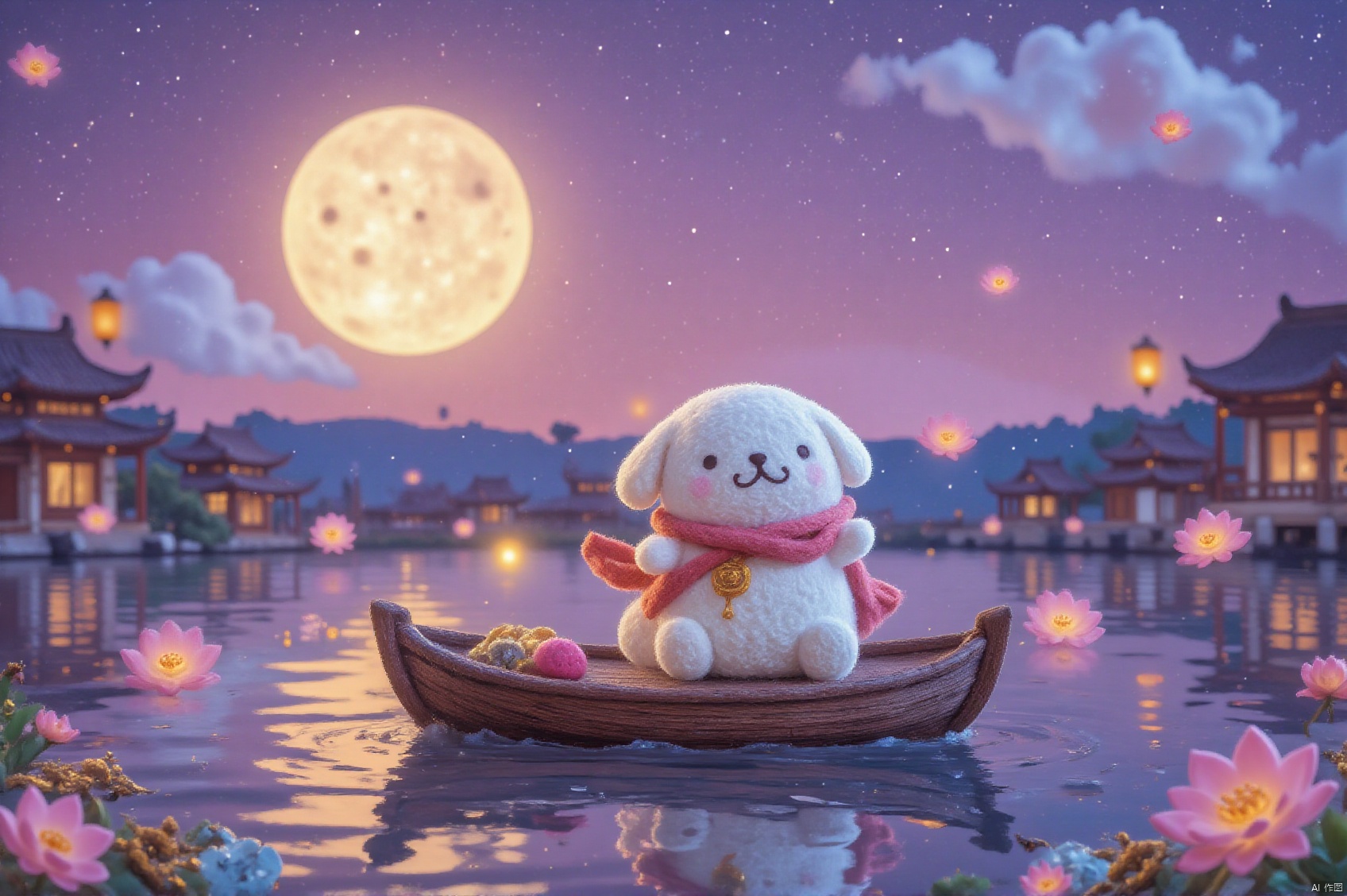 Felt style,Pink Sky,a cute cartoon purin in a chinese wooden boat on the lake, with a giant glowing moon on the boat. Lotus flowers and golden Osmanthus flowers around the lake,chinese buildings and clouds in the background.Playful character design, 3D Cartoon style, miniature scene ,8k, CG,best quality,HDR,UHD,camera uses 35mm f/2.0 wide-angle lens, uses 35mm f/2.0 wide-angle lens,oil painting,OByouhua