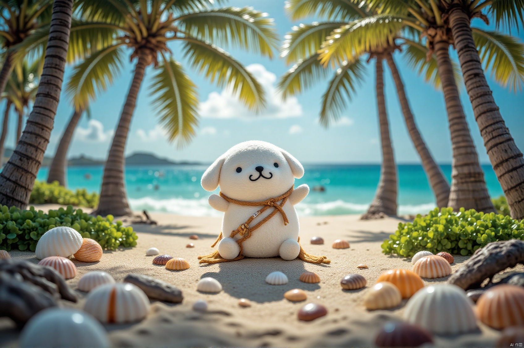 A serene beach scene unfolds before us: soft focus captures the gentle rustle of coconut trees swaying in the ocean breeze. Amidst the palm fronds, a purin kneels, surrounded by an array of shimmering shells, their delicate forms glistening in the warm sunlight that filters through the lush foliage.,