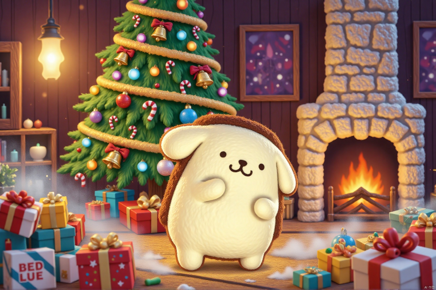 purin, character, stands amidst a festive holiday scene. Before her lies a cozy living room with a crackling fireplace as its centerpiece. A towering Christmas tree, adorned with vibrant lights, bells, and candy canes, rises beside it. Gift boxes of various sizes are scattered at Kuromi's feet, enticing her playful nature. The warm glow of the fireplace casts a golden light on the cheerful chaos.,