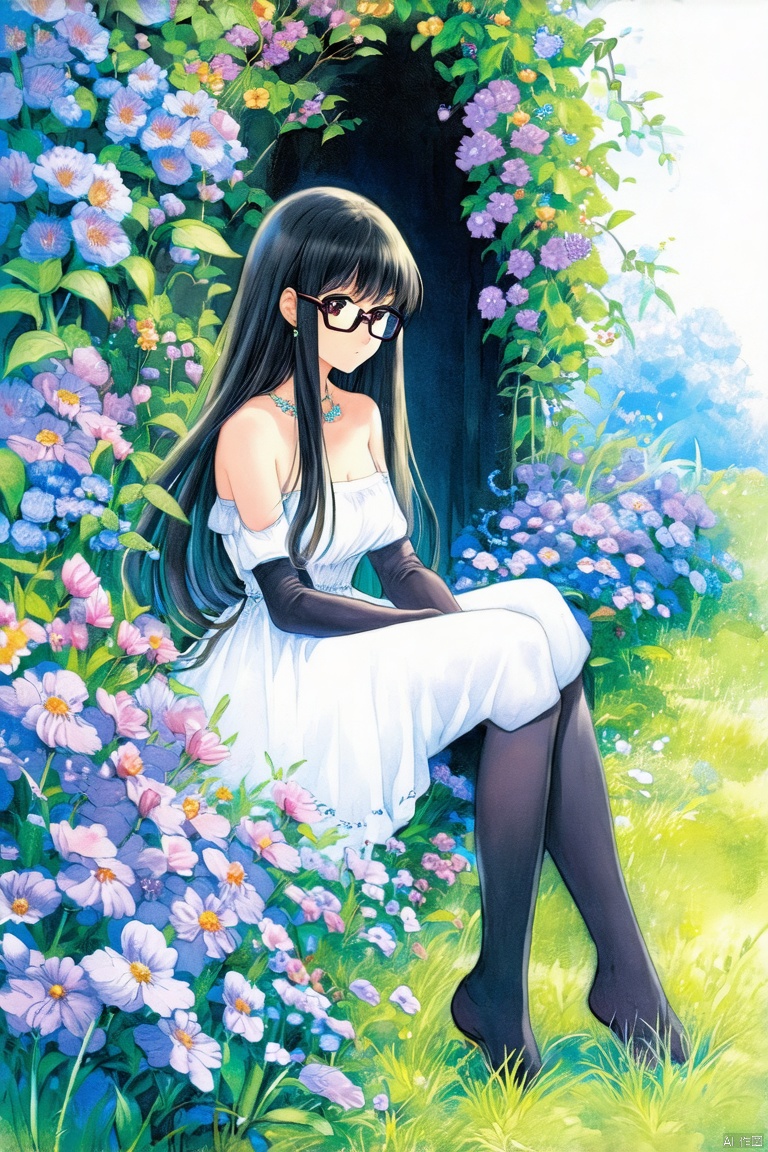 1girl, solo, long hair, looking at viewer, bangs, thighhighs, gloves, dress, bare shoulders, sitting,  glasses, flowers 
