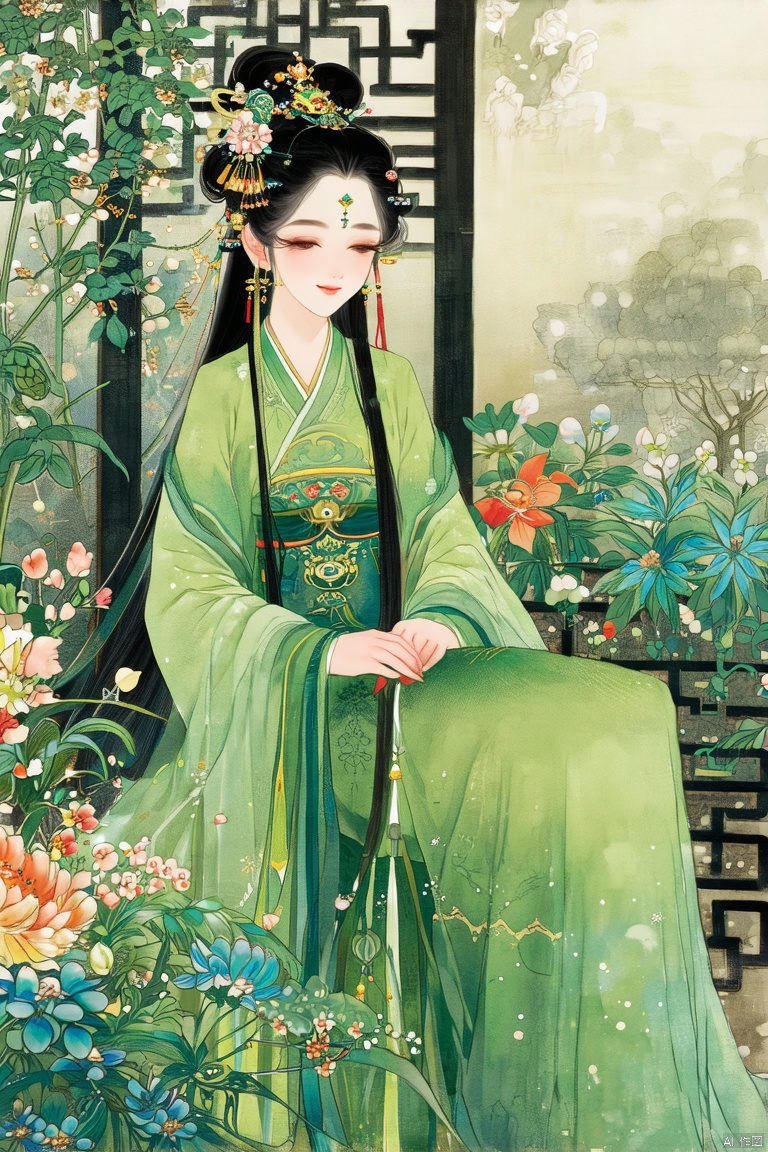 1girl, solo, dress, black hair, hair ornament, chinese clothes, green dress, flower, long sleeves, sitting
