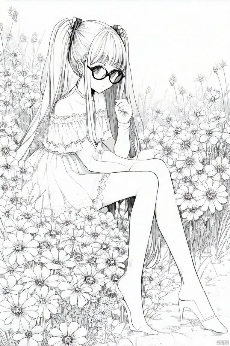 1girl, solo, long hair, looking at viewer, bangs, thighhighs, gloves, dress, bare shoulders, twintails, sitting,  glasses, flowers, (line art:1.1)