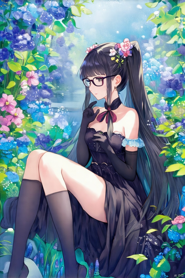 1girl, solo, long hair, looking at viewer, bangs, thighhighs, gloves, dress, bare shoulders, twintails, sitting,  glasses, flowers 