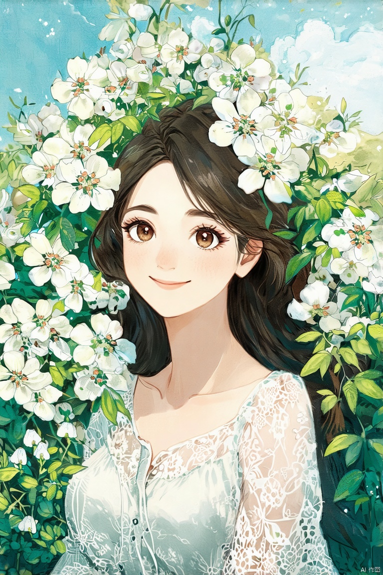 1girl,brown eyes,front bust,solo,portrait,eyelashes,lace blouse,outdoor setting,playful,white flowers in the background,daytime,subtle makeup,gentle smile,tiffany blue tones,
