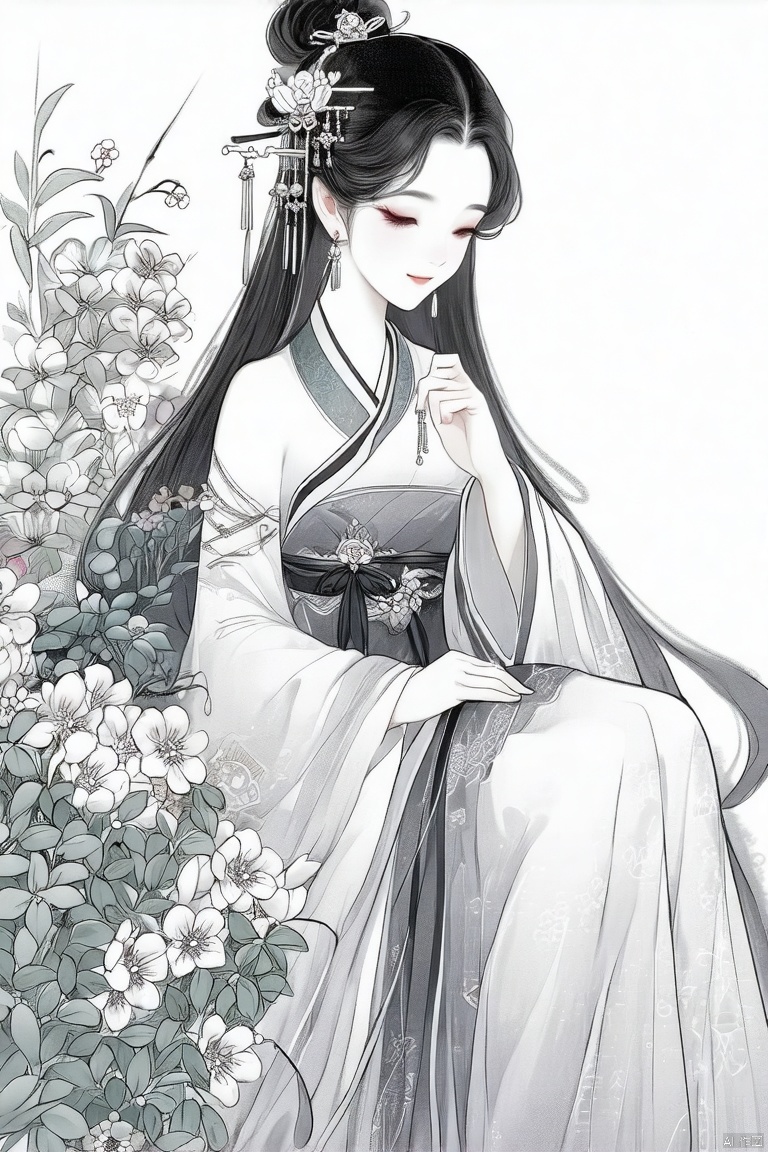 1girl, solo, dress, black hair, hair ornament, chinese clothes, flower, long sleeves, sitting, (line art:1.3)