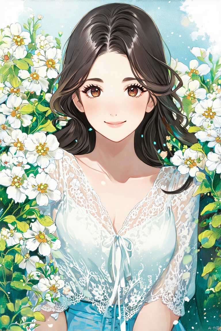 1girl,brown eyes,front bust,solo,portrait,eyelashes,lace blouse,outdoor setting,playful,white flowers in the background,daytime,subtle makeup,gentle smile,tiffany blue tones,

