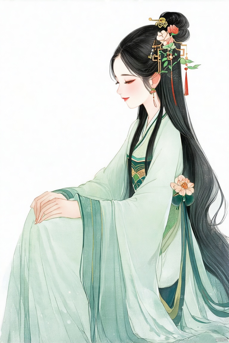 1girl, solo, dress, black hair, hair ornament, chinese clothes, flower, long sleeves, sitting, sketch, lineart