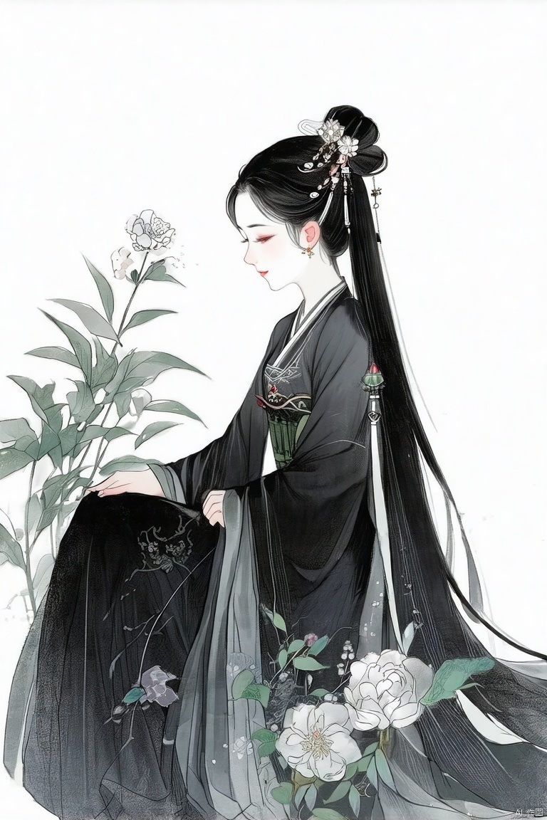 1girl, solo, dress, black hair, hair ornament, chinese clothes, flower, long sleeves, sitting, (sketch, line art:1.3)