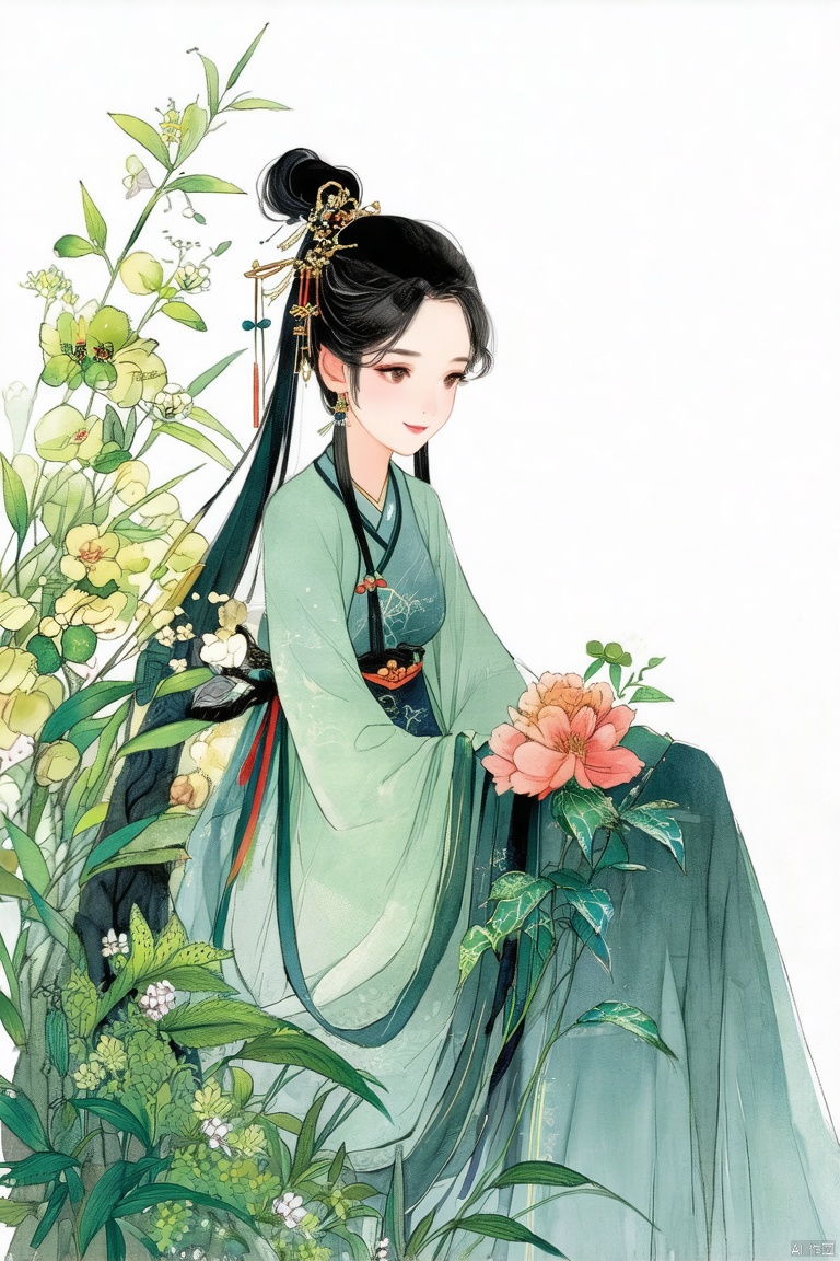1girl, solo, dress, black hair, hair ornament, chinese clothes, flower, long sleeves, sitting, (sketch, line art:1.3)