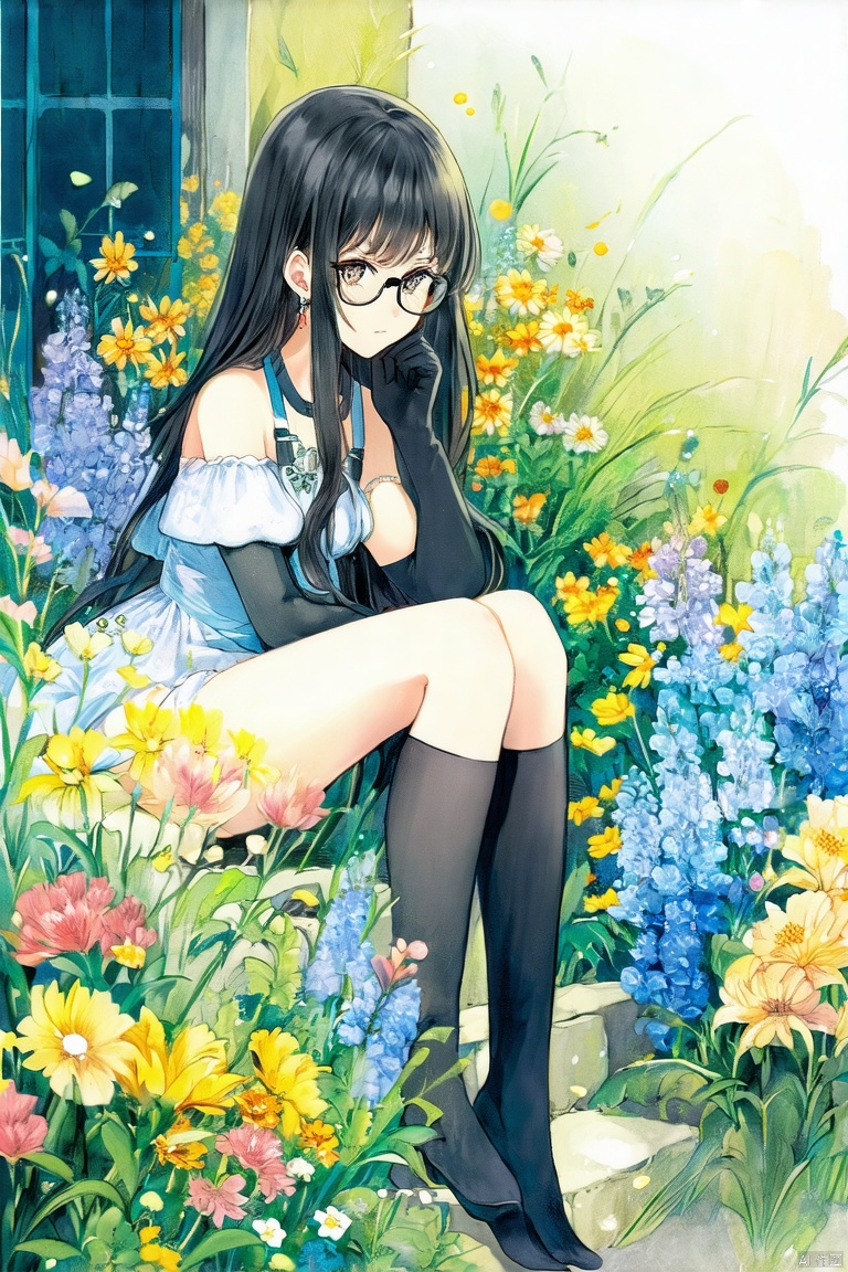1girl, solo, long hair, looking at viewer, bangs, thighhighs, gloves, dress, bare shoulders, sitting,  glasses, flowers 
