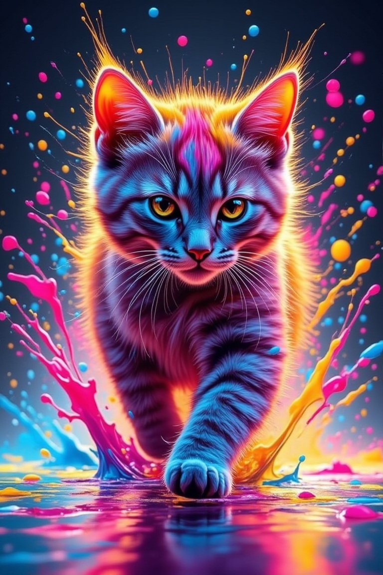 generate an image of A cat while running made from splashing and melting colorful paint,  vibrant and dynamic colors,  sur...