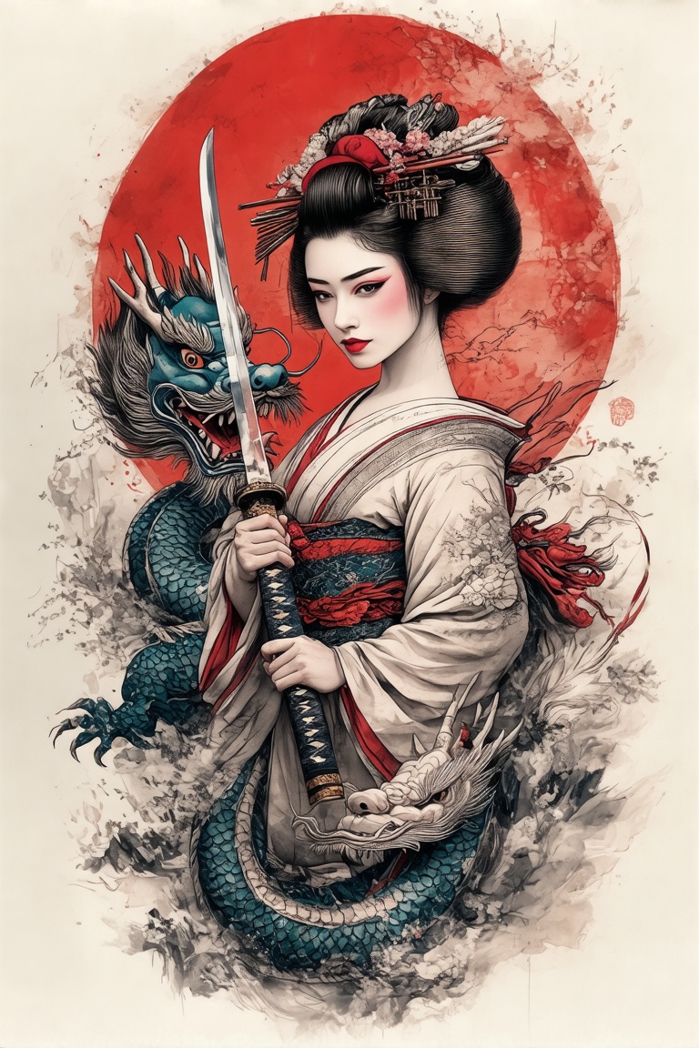 A colorized tattoo art style image of a geisha girl holding a katana,  with a dragon coiling around her arm. The scene is...