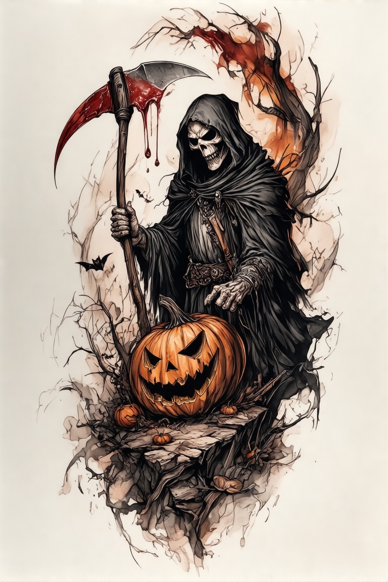 A colorized tattoo art style image of a man's arm featuring a creepy horror scene. The grim reaper stands menacingly,  hol...