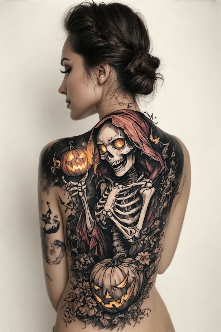 A colorized tattoo art style image of a woman's back featuring a spooky Halloween skeleton. The skeleton is intricately de...