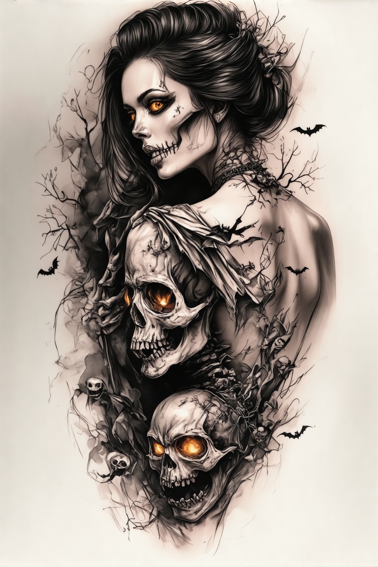 A colorized tattoo art style image of a woman's back featuring a spooky Halloween skeleton. The skeleton is intricately de...