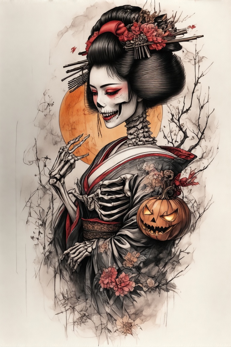 A colorized tattoo art style image of a woman's shoulder featuring a spooky Halloween skeleton. The skeleton is intricatel...