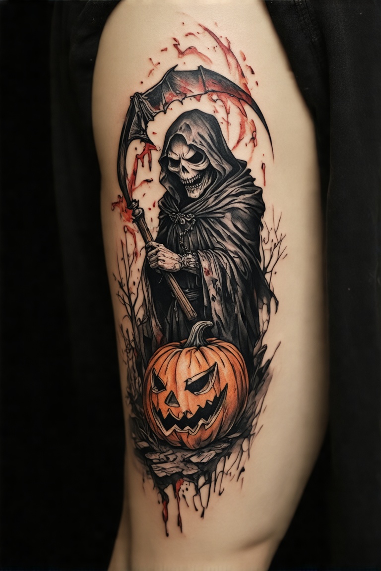 A colorized tattoo art style image of a man's arm featuring a creepy horror scene. The grim reaper stands menacingly,  hol...