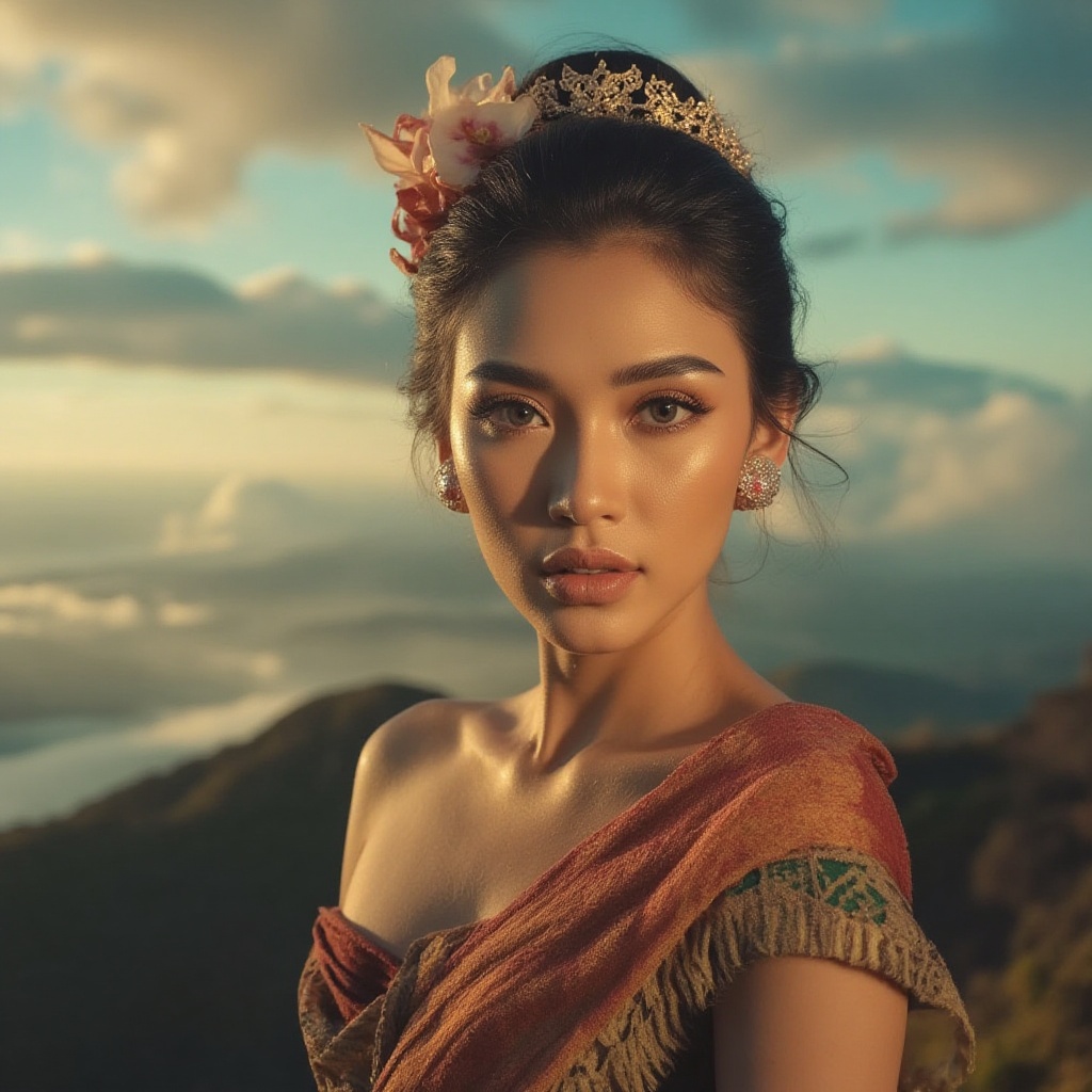 closeup of an Indonesian Balinese woman named (((mqxlor))) with beautiful body shape,  standing gracefully on a hilltop,...