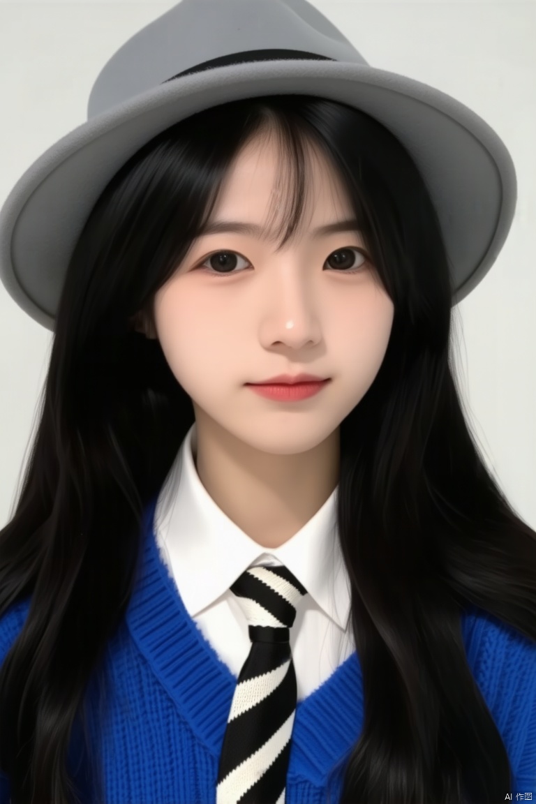 This is a close-up shot of a young Asian woman with long black hair, wearing a gray hat, a white-collar shirt, a black and white striped tie, and a blue sweater