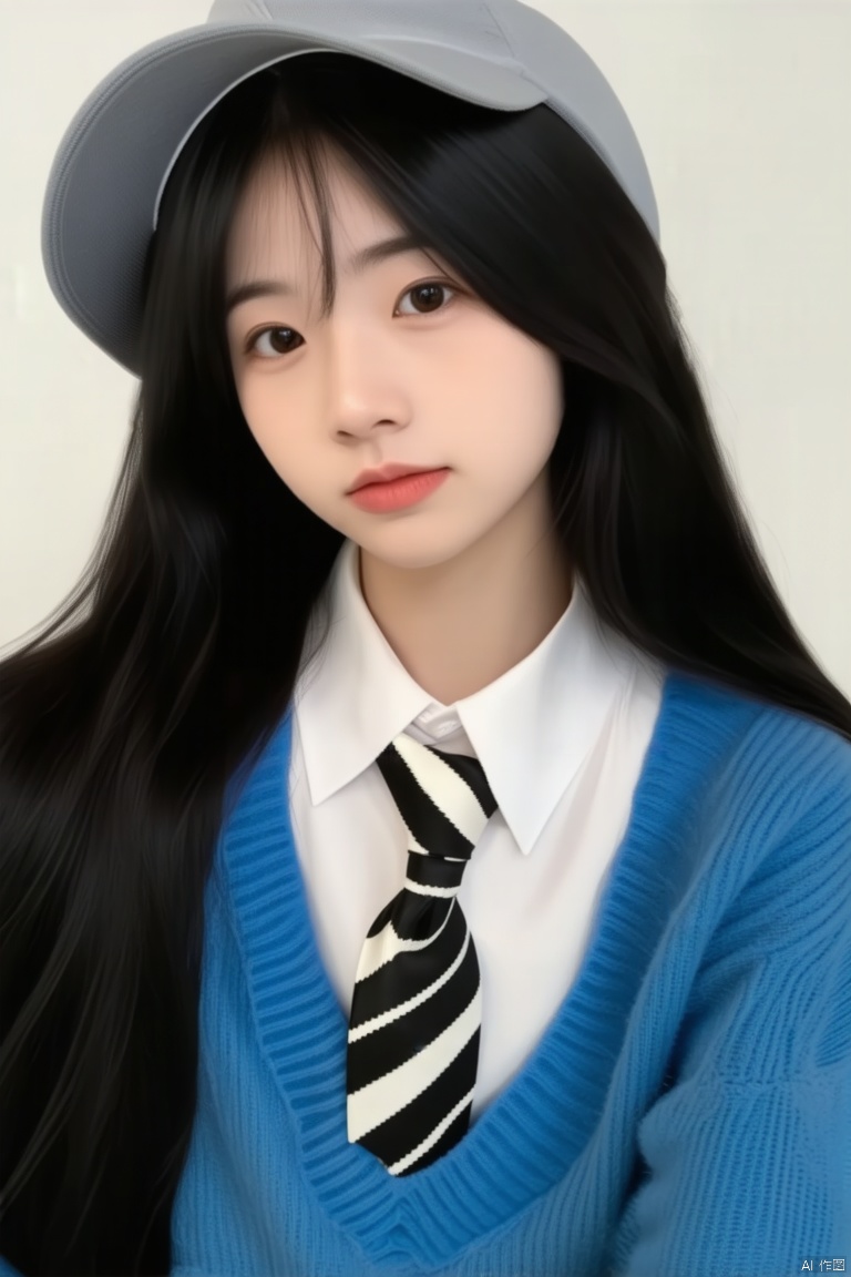 This is a close-up shot of a young Asian woman with long black hair, wearing a gray hat, a white-collar shirt, a black and white striped tie, and a blue sweater