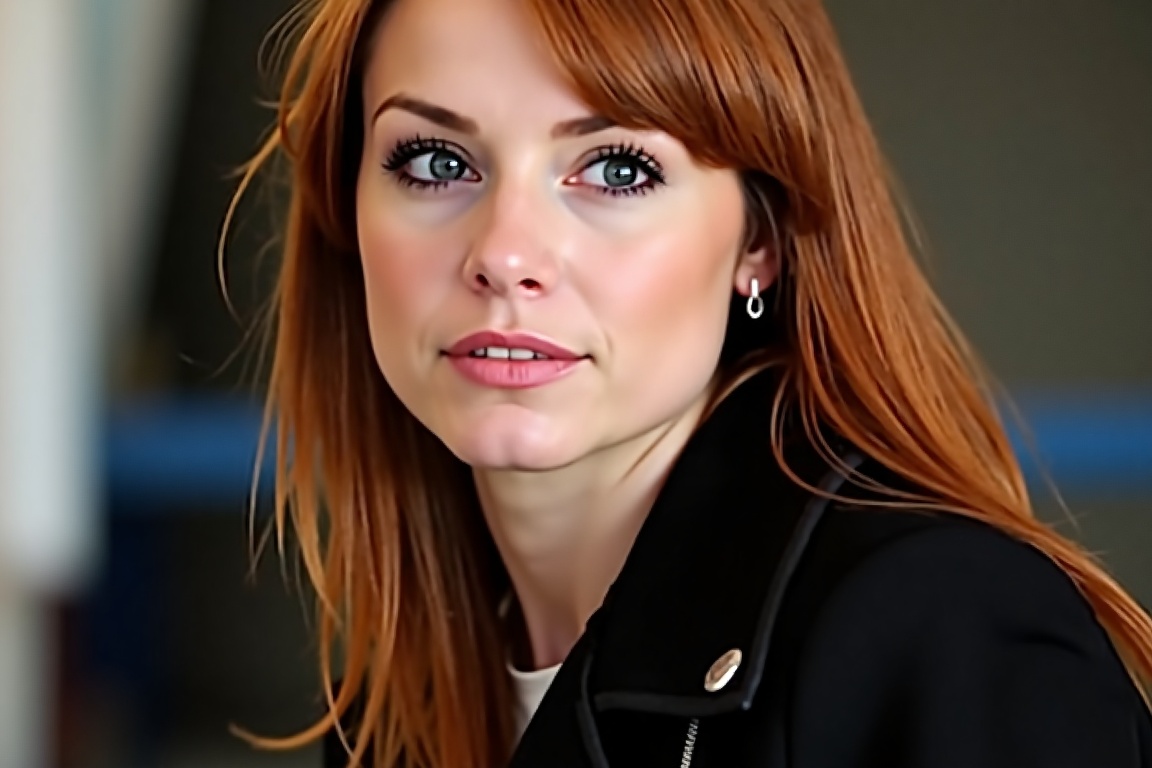 Amaz1ng_Wallpap3r,  High quality photograph of a woman,  a close-up shot of a woman with long reddish-brown hair and blue...