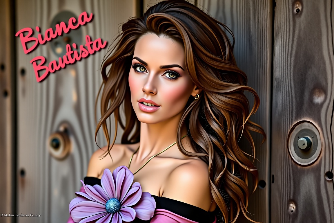 Amaz1ng_Wallpap3r,  A high-quality photo of a beautiful woman with long,  wavy brown hair and blue eyes on Tensor.Art