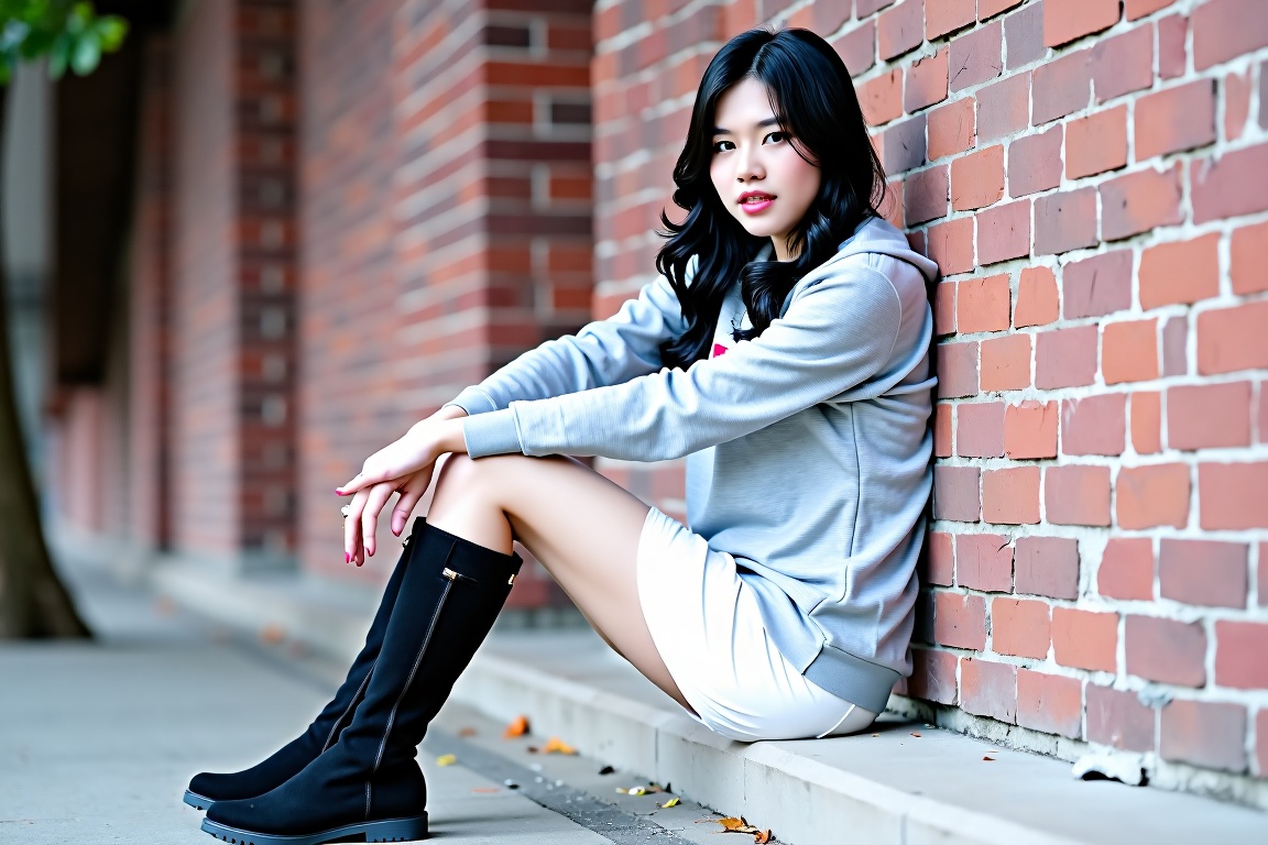 Amaz1ng_Wallpap3r,  a young woman with long dark hair,  wearing a gray hooded sweatshirt and a white skirt on Tensor.Art