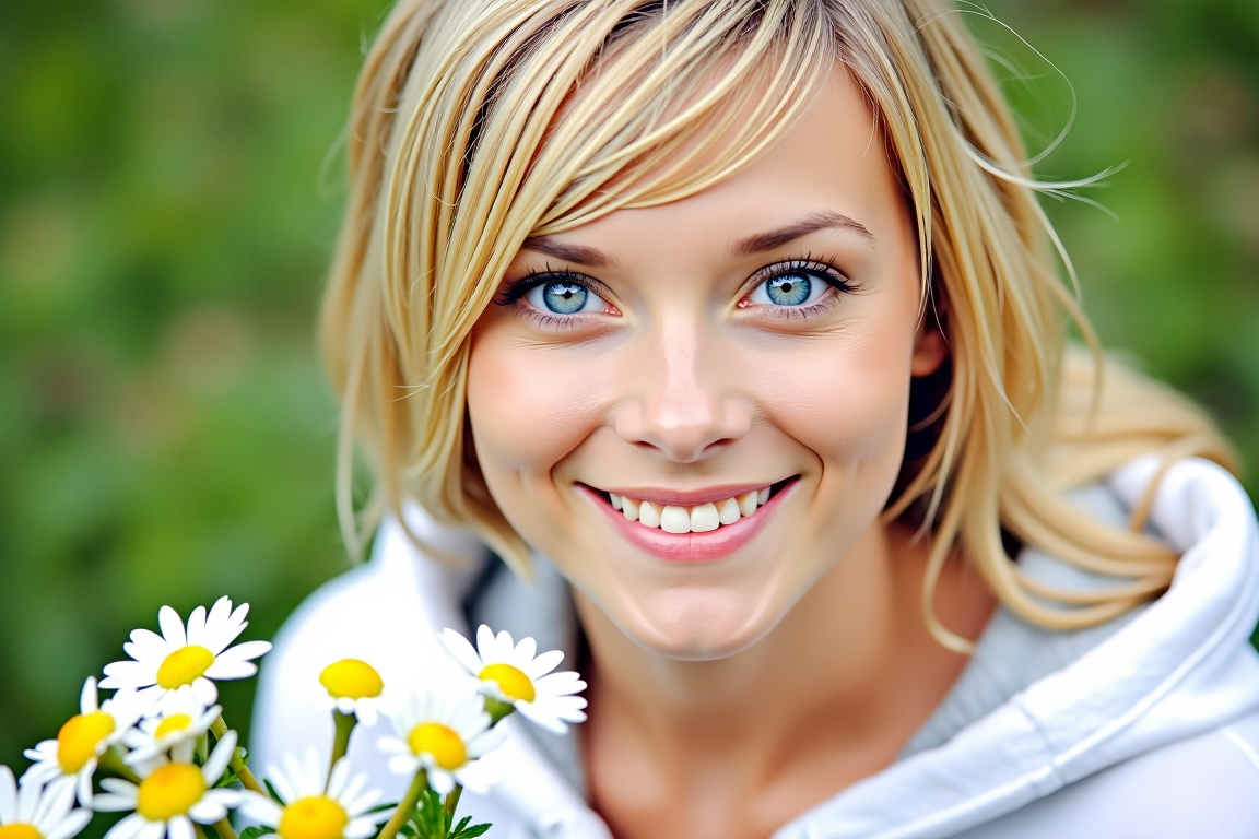 Amaz1ng_Wallpap3r,  A close-up shot of a woman with long blonde hair and blue eyes. She is smiling,  her lips are slightly...