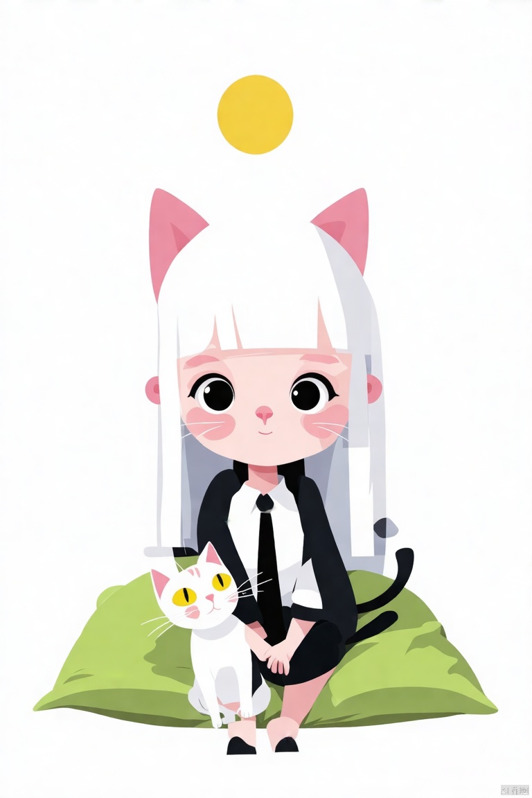 A cartoon drawing of a girl with a white headdress on her head. The girl's face is pink and her hair is white. Her eyes are black and her ears are pink. She is sitting on a green pillow. Her headdress is white and she is wearing a black tie. Her ears are sticking out of her hair. Her mouth is slightly open. Her cat is sitting in front of her. The cat has a yellow dot on its nose.,Vector style