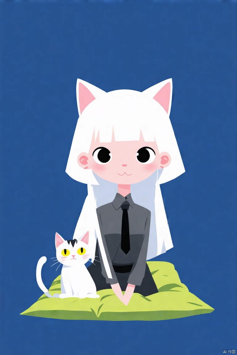 A cartoon drawing of a girl with a white headdress on her head. The girl's face is pink and her hair is white. Her eyes are black and her ears are pink. She is sitting on a green pillow. Her headdress is white and she is wearing a black tie. Her ears are sticking out of her hair. Her mouth is slightly open. Her cat is sitting in front of her. The cat has a yellow dot on its nose.,Vector style
