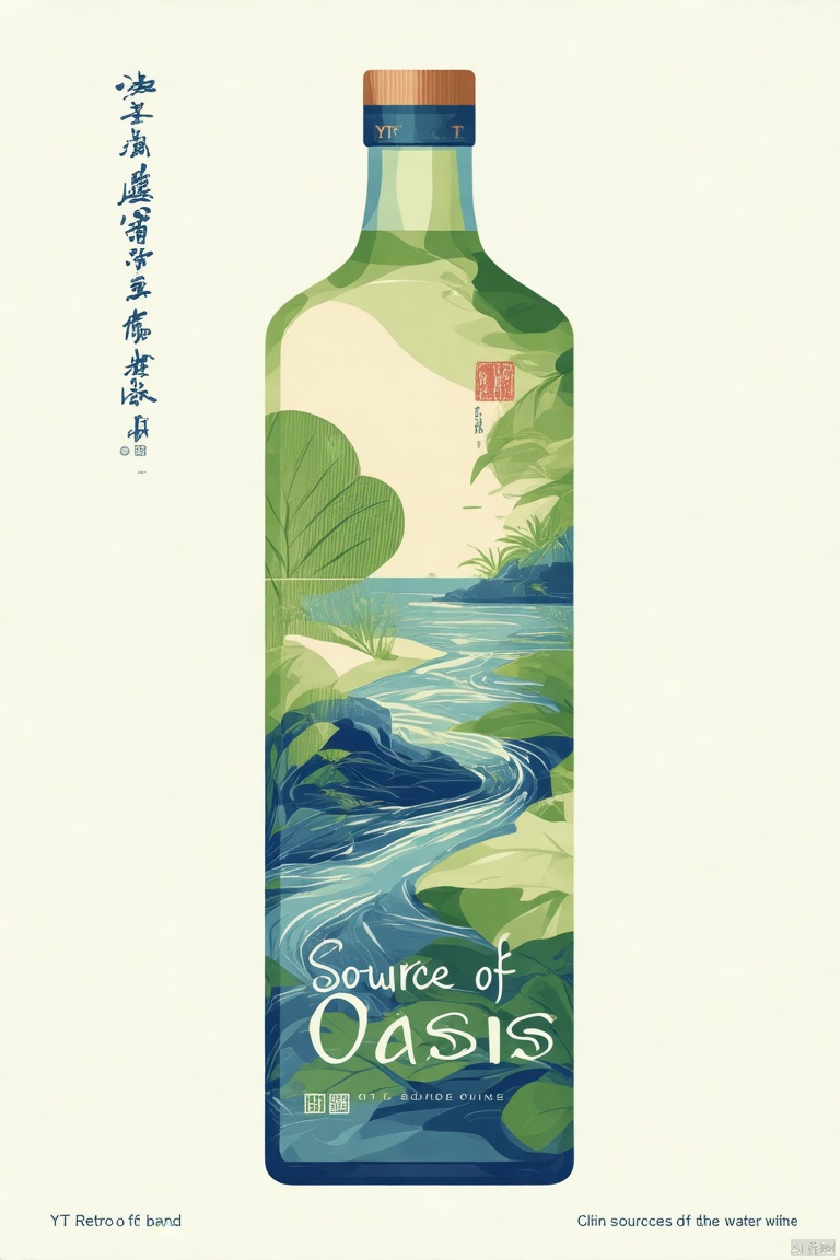 1. This is a trademark design on the surface of a liquor bottle, and the shape is rectangular.
Name of the wine: Source of Oasis. Combining "Oasis" with elements such as oasis and water sources represents the purity and nature of liquor. Green and blue can be used to express oases and water sources, while adding some traditional Chinese cultural elements, such as Chinese characters, seals, etc., to increase the cultural connotation of the brand,Yt retro anime style,This style comes from yt old movies,Vector style