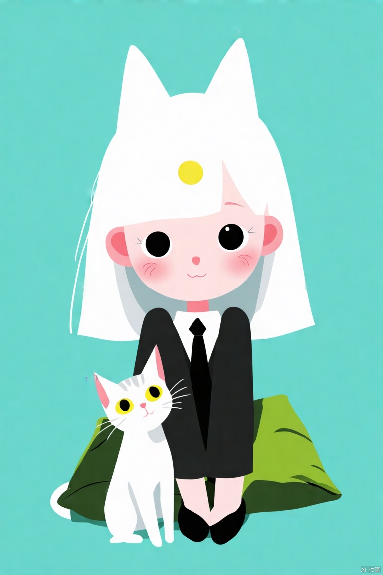 A cartoon drawing of a girl with a white headdress on her head. The girl's face is pink and her hair is white. Her eyes are black and her ears are pink. She is sitting on a green pillow. Her headdress is white and she is wearing a black tie. Her ears are sticking out of her hair. Her mouth is slightly open. Her cat is sitting in front of her. The cat has a yellow dot on its nose.,Vector style