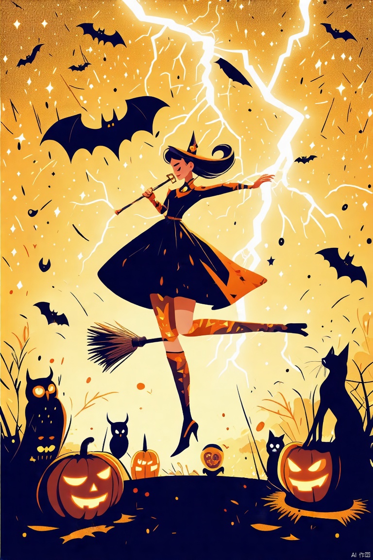 illustration of A woman with thigh-highs,wielding an electrifying thunder weapon,rides a broom,soaring through a dark gold,starry sky,with ultrasharp details. She gazes directly at the viewer,surrounded by vibrant,whimsical elements: a pumpkin,skull,bat,Jack o' lantern,owl,and cat,all intricately illuminated,Vector style,