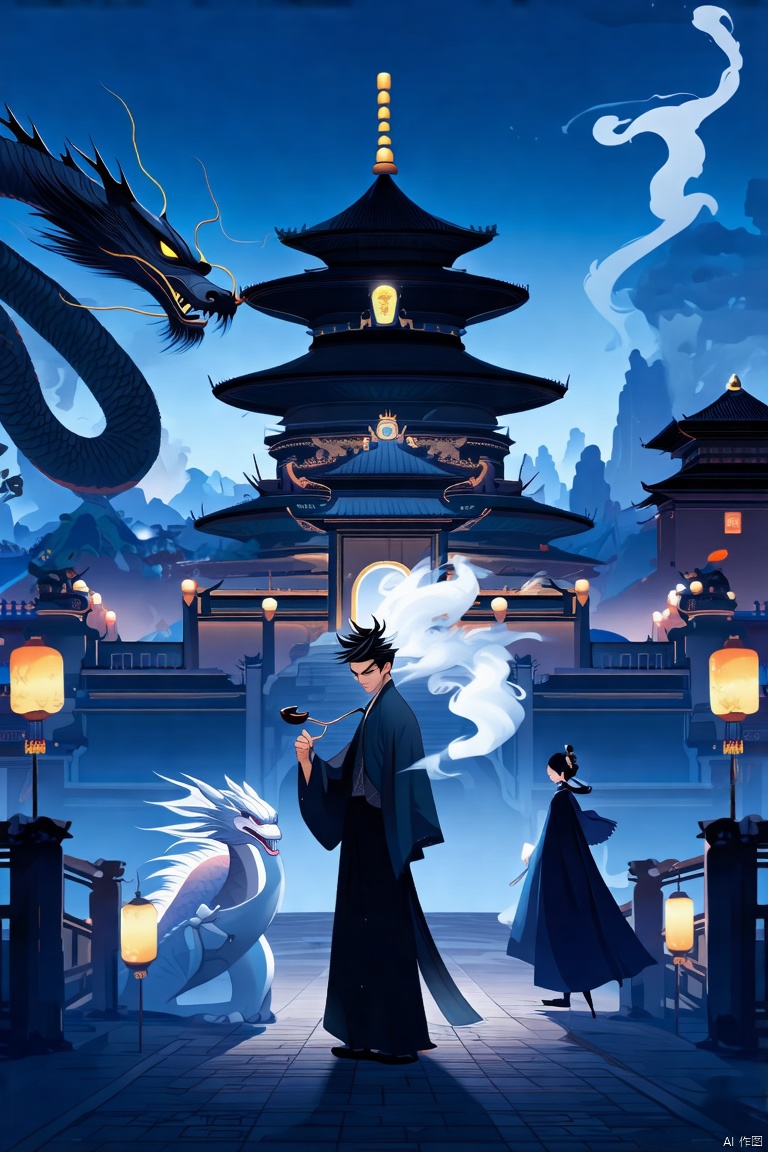 A lone figure stands against the backdrop of a majestic East Asian-style architecture at night. The subject, a solitary male with jet-black hair and yellow eyes, holds a smoking pipe in his hand as smoke curls around him. He wears long sleeves and has sharp fingernails visible on one hand. In the foreground, a pair of figures emerge from the shadows: a girl dressed in traditional Chinese attire, her white hair glowing in the dim light, and a dragon with slit pupils watches intently. The atmosphere is mystifying, illuminated only by a lantern's soft glow.