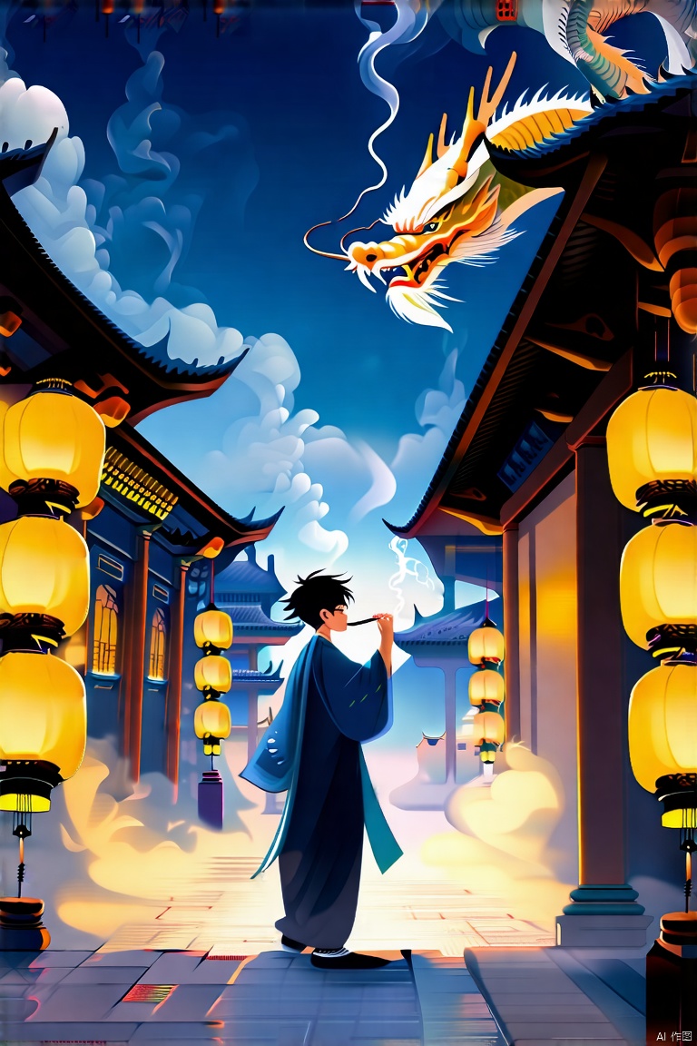 solo, looking at viewer, architecture, smoke, holding, east asian architecture, yellow eyes, 1boy, black hair, upper body, night, smoking pipe, fingernails, male focus, eastern dragon, hand up, long sleeves, holding smoking pipe, building, 1girl, chinese clothes, glowing, sharp fingernails, white hair, slit pupils, lantern