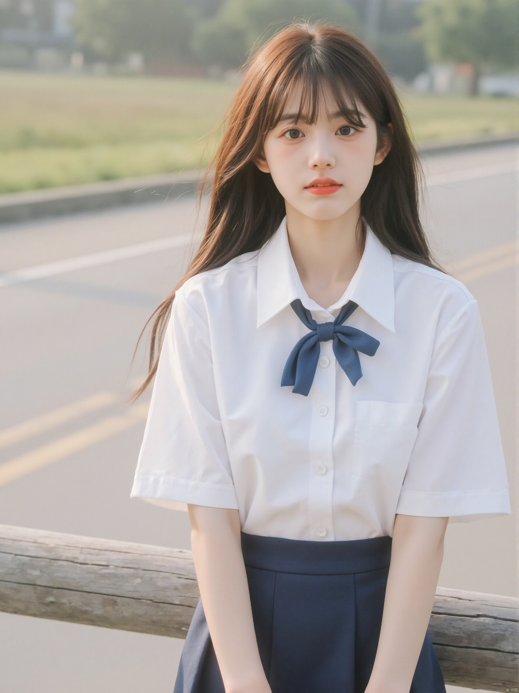 a young Asian woman is dressed in a short-sleeved white button-down shirt,a blue bow tie,and a navy blue skirt. Her hair is long and cascades over her shoulders. Her lips are painted a vibrant red,adding a pop of color to her face.,