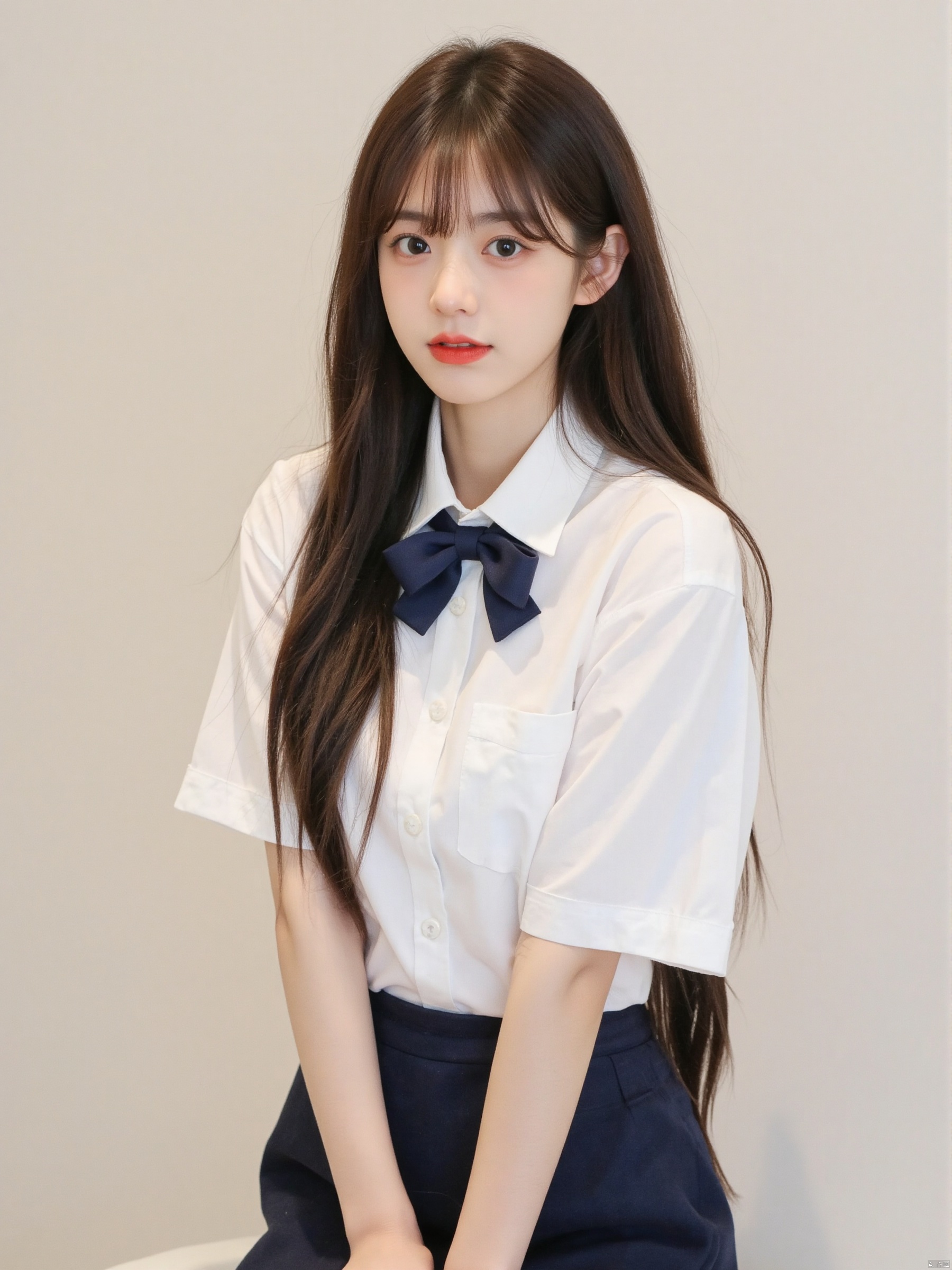 a young Asian woman is dressed in a short-sleeved white button-down shirt,a blue bow tie,and a navy blue skirt. Her hair is long and cascades over her shoulders. Her lips are painted a vibrant red,adding a pop of color to her face.,