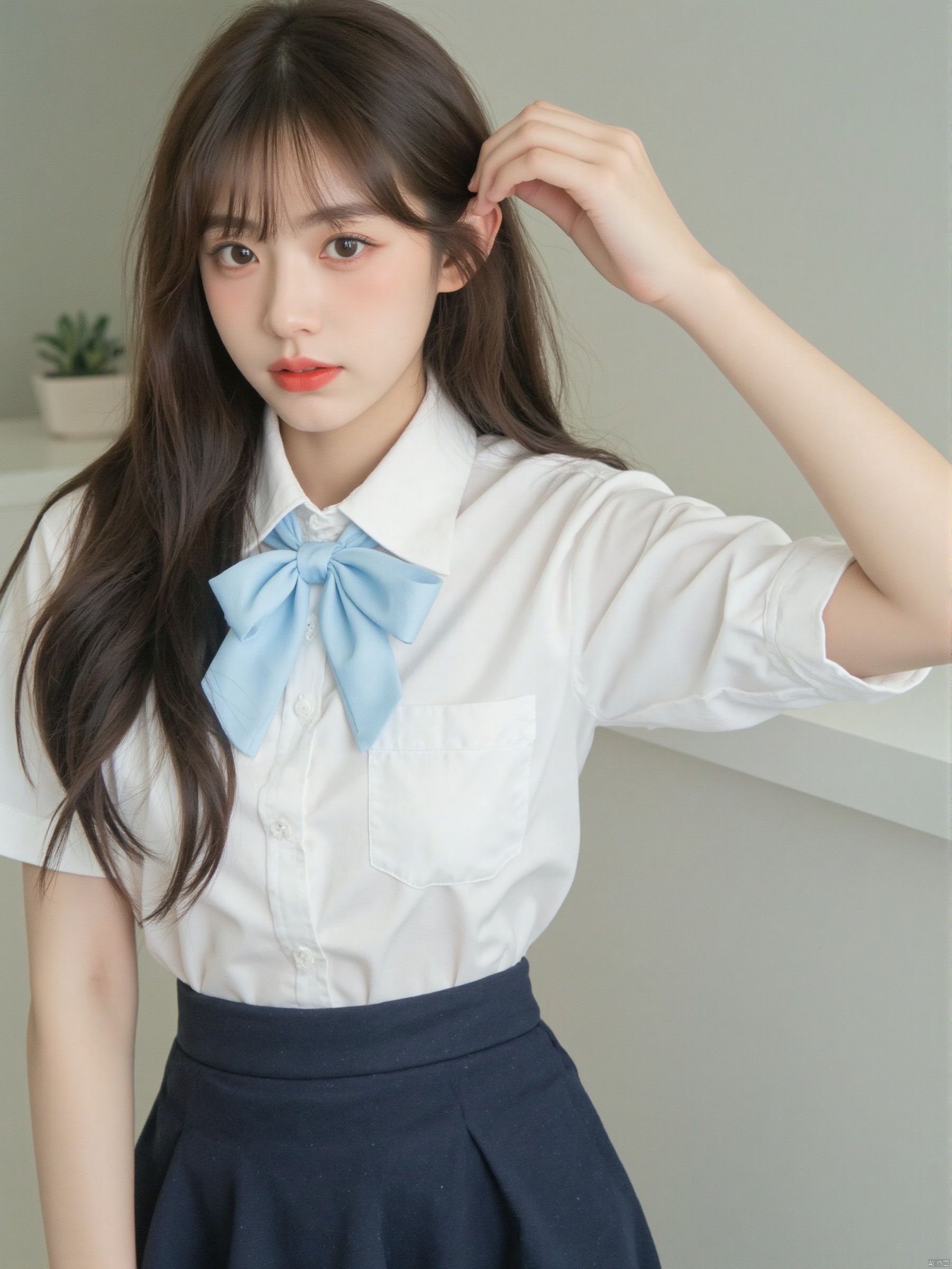 a young Asian woman is dressed in a short-sleeved white button-down shirt,a blue bow tie,and a navy blue skirt. Her hair is long and cascades over her shoulders. Her lips are painted a vibrant red,adding a pop of color to her face.,