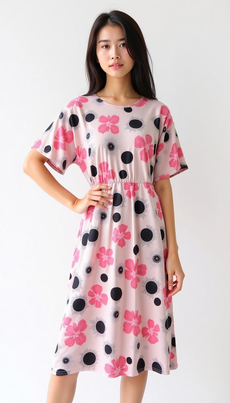 A young Asian woman poses confidently against a stark white backdrop,  dressed in a vibrant short-sleeve dress featuring a...