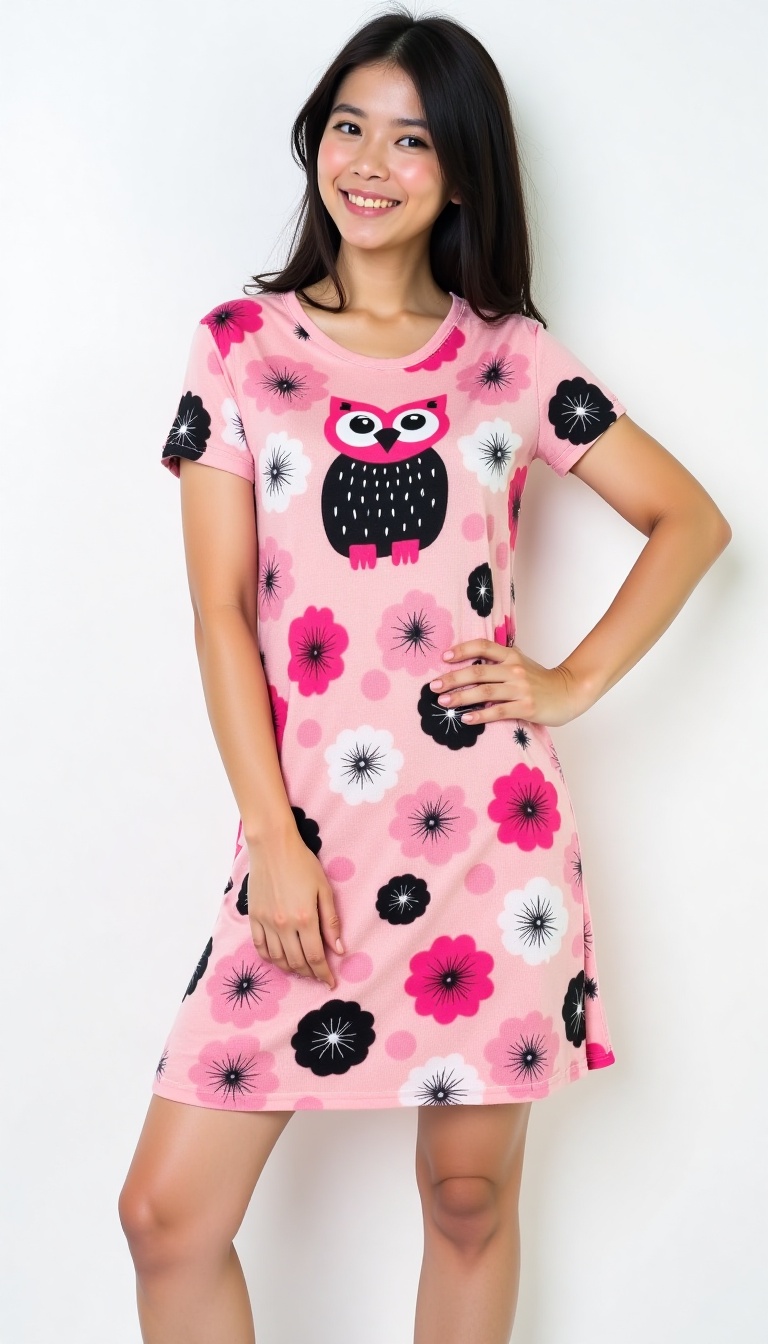 A young Asian woman poses confidently against a stark white backdrop,  dressed in a vibrant short-sleeve dress featuring a...