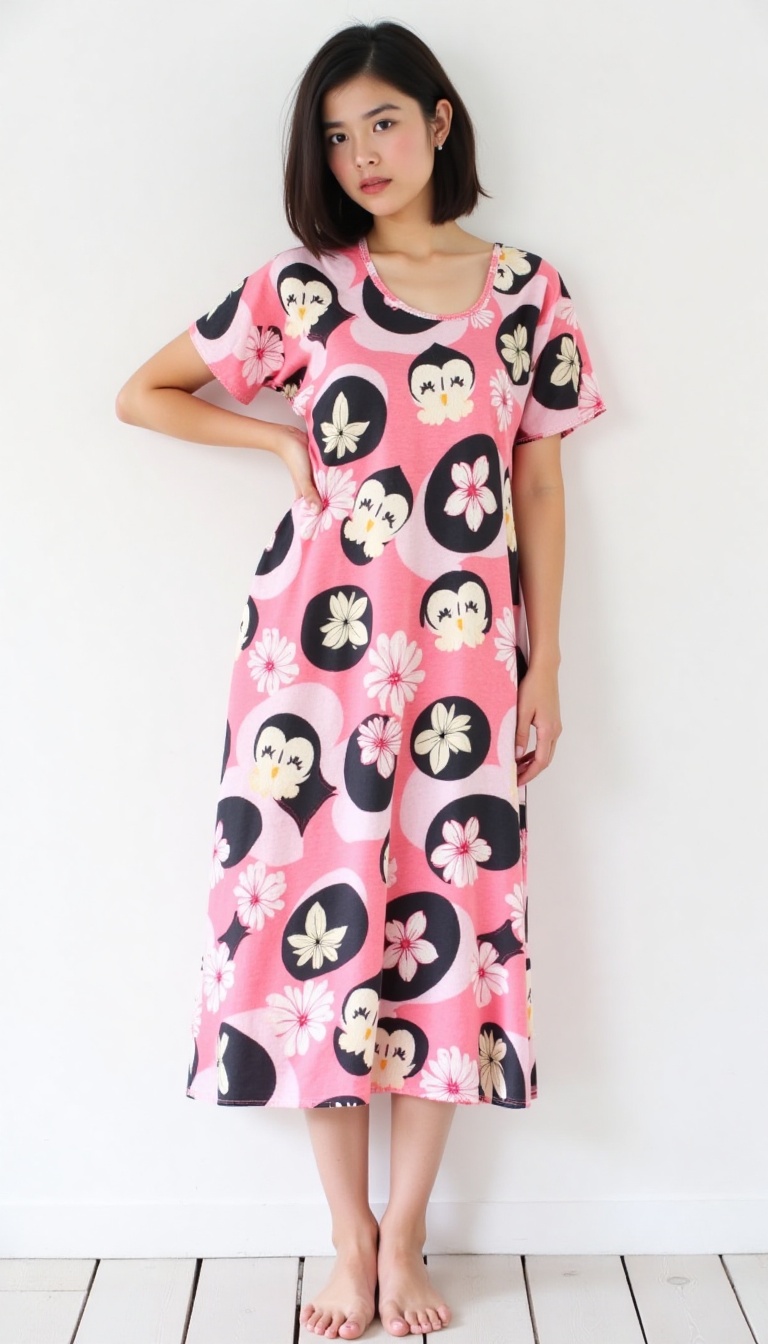 A young Asian woman poses confidently against a stark white backdrop,  dressed in a vibrant short-sleeve dress featuring a...