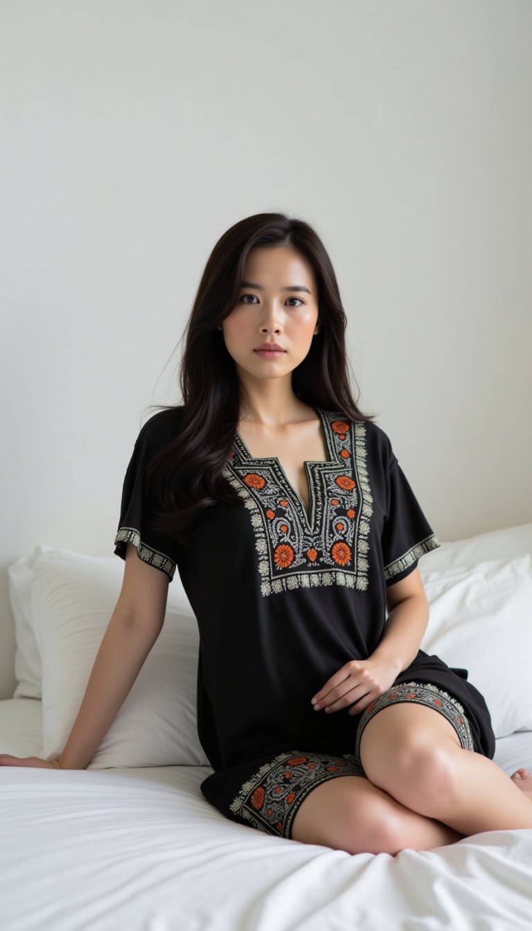 A confident Asian woman,  her strong presence radiating against the pure white backdrop,  wears a stunning short-sleeve bl...