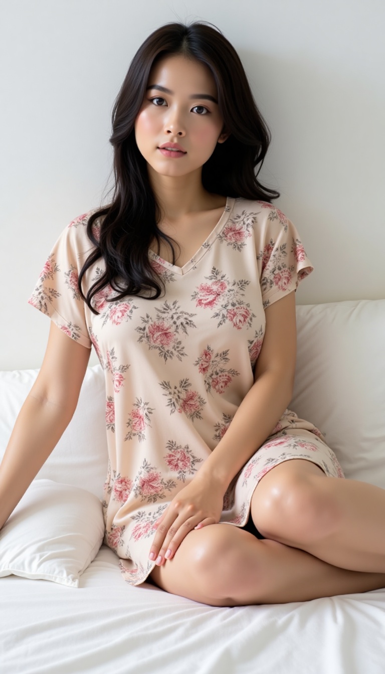 A confident Asian woman,  her strong presence radiating against the pure white backdrop,  wears a stunning short-sleeve dr...