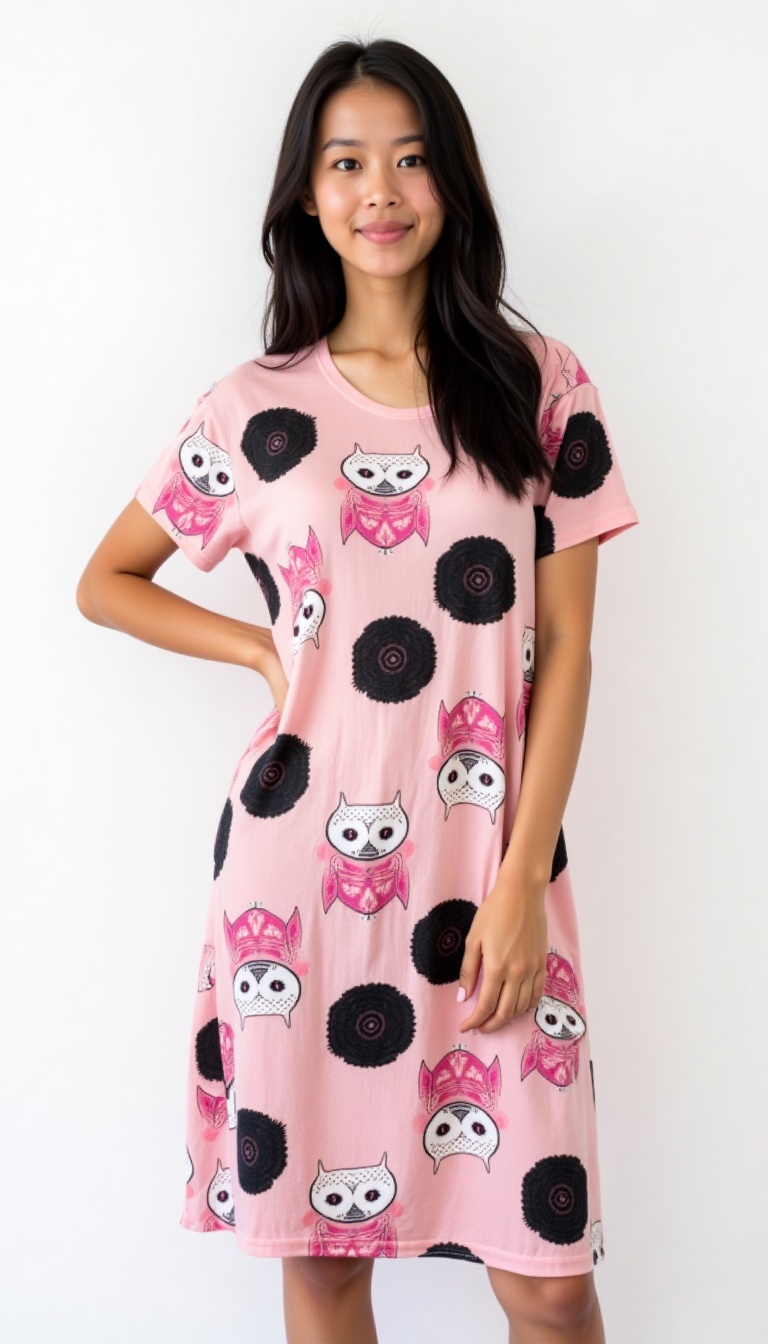 A young Asian woman poses confidently against a stark white backdrop,  dressed in a vibrant short-sleeve dress featuring a...