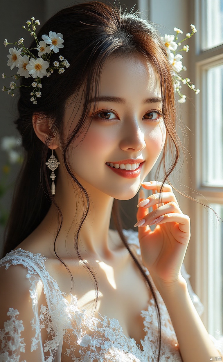 This is a very detailed digital painting depicting an Asian woman with fair skin and delicate facial features. She has long dark brown hair decorated with white flowers, and the sunlight shines on her face. Looking out the window, she closes her eyes and smiles