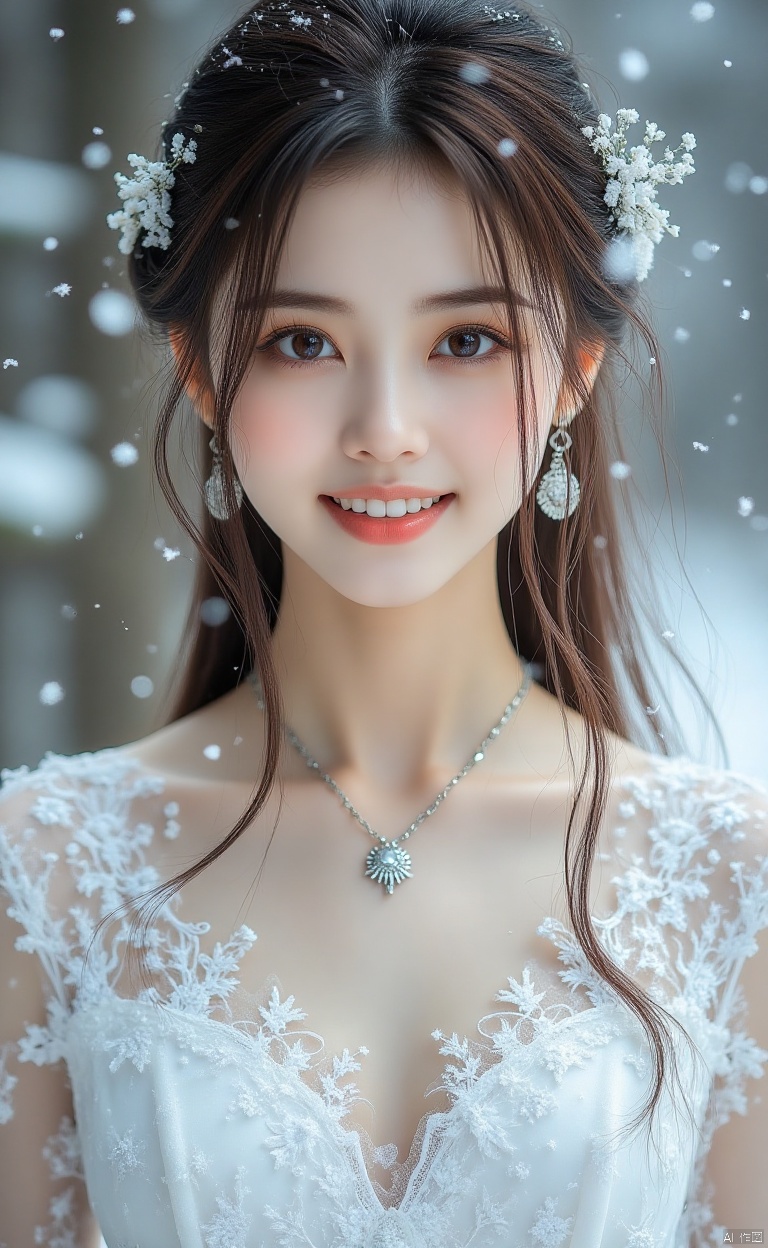 snow,Softly falling snowflakes dance in the blurred background, framing a serene portrait of Luoxue. A close-up shot captures her delicate features: long dark brown hair cascading down her back, a gentle smile playing on her lips, and piercing blue eyes sparkling with warmth. She wears a pristine white dress adorned with intricate embroidery on the shoulders, complemented by a silver necklace and earrings that catch the subtle light. Her left hand rests on her hip, exuding confidence and poise as she stands amidst the winter wonderland
