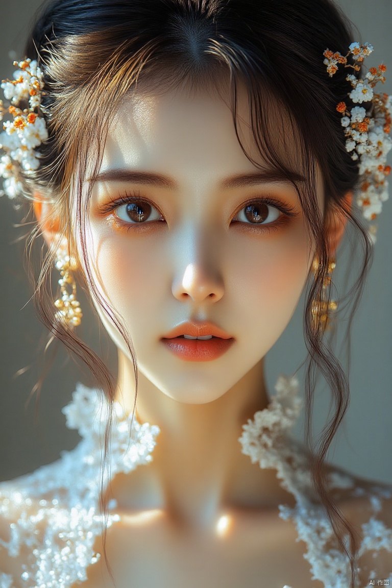 his is a highly detailed, realistic digital artwork of a young Asian woman with delicate features. 