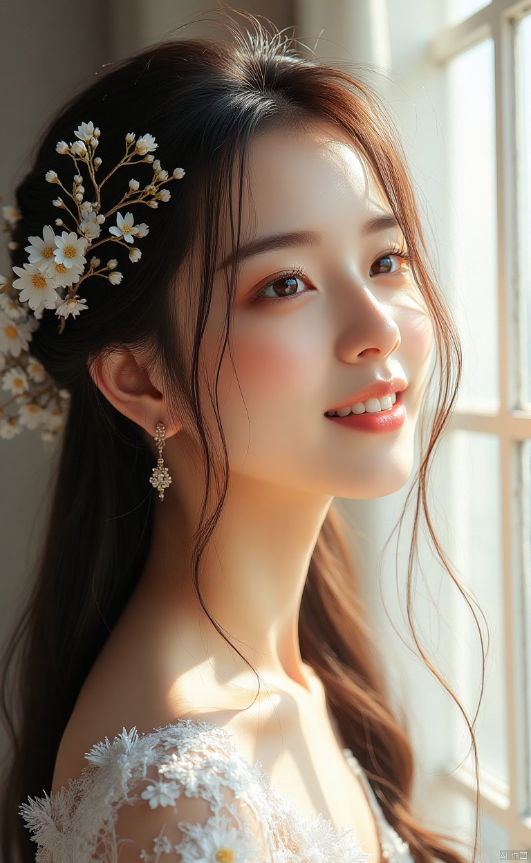 This is a very detailed digital painting depicting an Asian woman with fair skin and delicate facial features. She has long dark brown hair decorated with white flowers, and the sunlight shines on her face. Looking out the window, she closes her eyes and smile